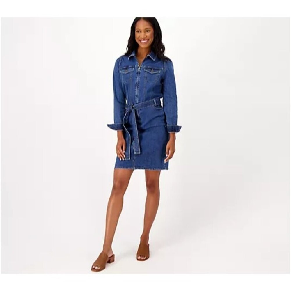 Candace Cameron Bure Regular Zip Front Denim Dress 30W Del Mar Dark Wash LN/NWT